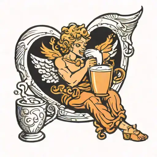 Cupid Holding A Latte While Sitting On A Crescent Moon