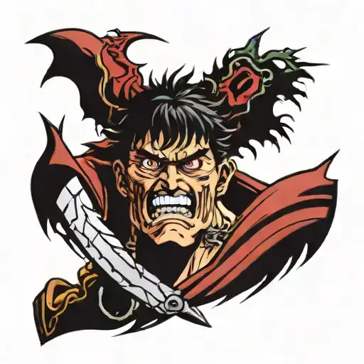 Close-up Of Guts's Face From The Anime Berserk And Additional Elements From The Anime Berserk