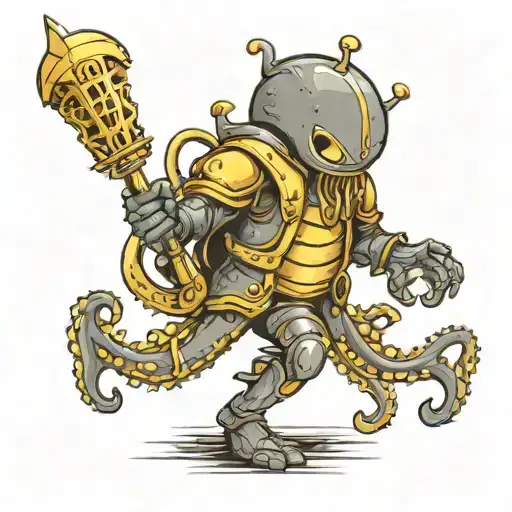 Soldier In Full Armor Holding A Golden Scepter With Octopus Tentacles Wrapping Around It