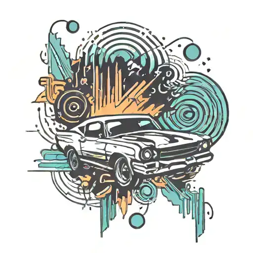 A Music-themed Tattoo Featuring Abstract Sound Waves And A Sleek Car Silhouette