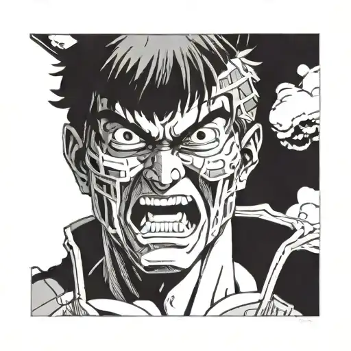 Close-up Of Guts's Face From The Anime Berserk And Additional Elements From The Anime Berserk