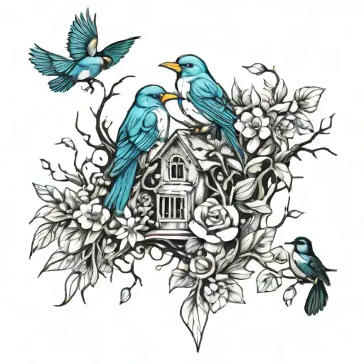 A Mystical Forest With Birds And Flowers Intertwined In A Sketch Style