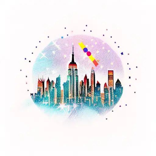 A Traditional Style Tattoo Of The New York Skyline With A Shooting Star Above It