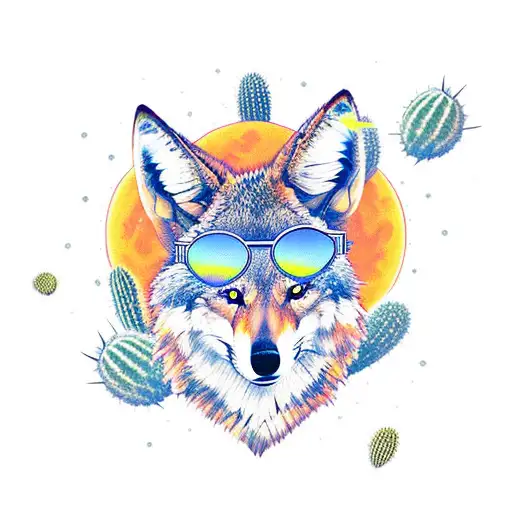 Cool Coyote Wearing Sunglasses Napoing Under A Saguaro With A Sunset Background