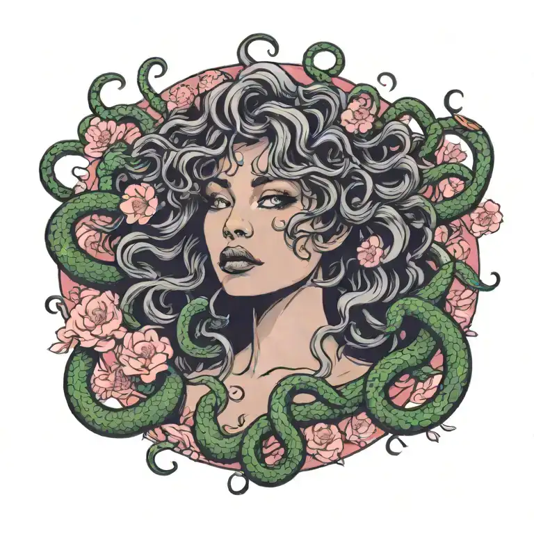 Medusa With Snakes In The Hair And Sakura Blooming In Background
