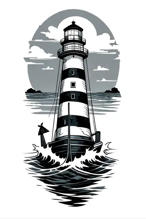 Black White Row Boat Lighthouse Waves
