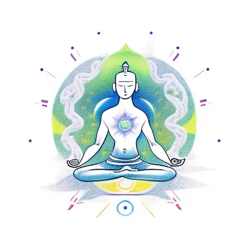 A Minimalist Tattoo Of A Serene Meditating Figure Surrounded By Nature And Chakra Symbols