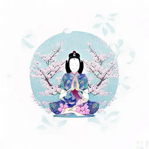 A Serene Japanese Woman Meditating Under A Cherry Blossom Tree Surrounded By Floating Chakra Symbols