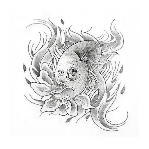New-school Tattoo Of A Vibrant Dahila Flower Surrounded By Traditional Japanese Waves And Koi Fish