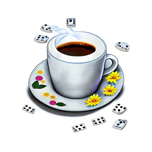 Flowers Flowing Around A Coffee Cup And Dominos That Says Five Five Five