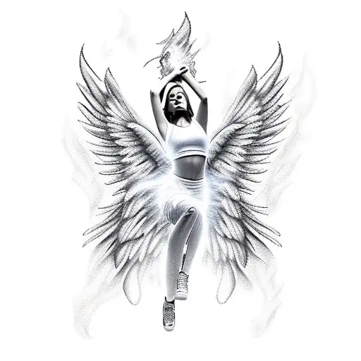 Female Angel Floating With Flaming Wings