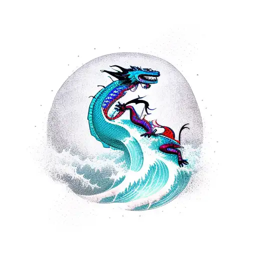 A Majestic Dragon Riding A Wave