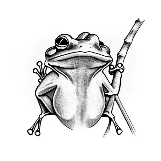 Frog Sitting On A Skull Crossed By A Bamboo Branch