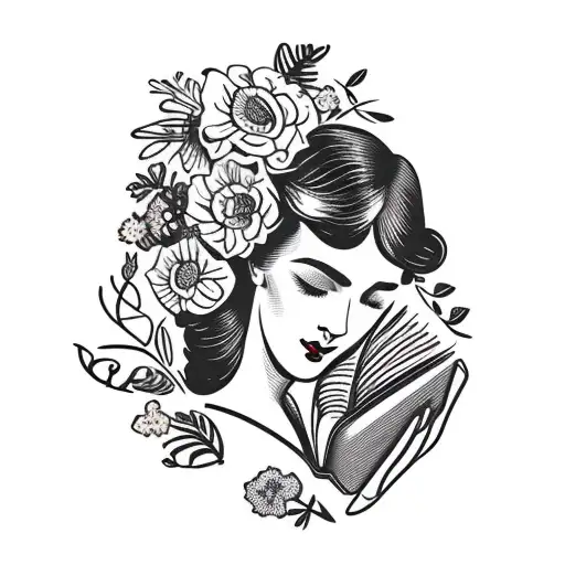 Vintage Floral Lady Profile Reading An Opened Book Surrounded By Bold Floral Frame