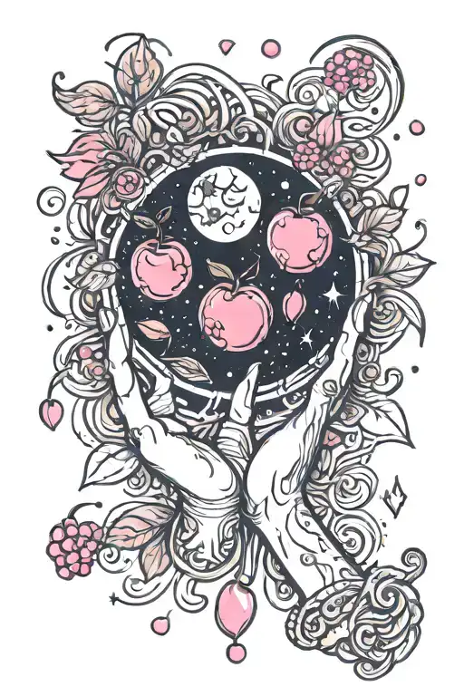 Mystical Moon With Pink Cherries And Hands And Sparkles