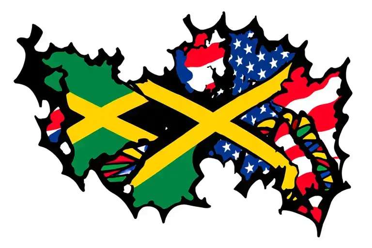 Jamaican Flag Intertwined With American Flag Inside Dna Double Helix Ripped Skin Look