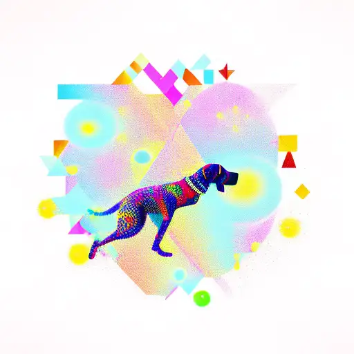 A Silhouette Of A Dancer With A Dog Jumping Through A Colorful Burst Of Geometric Shapes