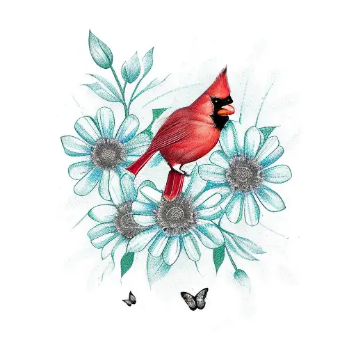 Cardinal And Butterfly On Flower
