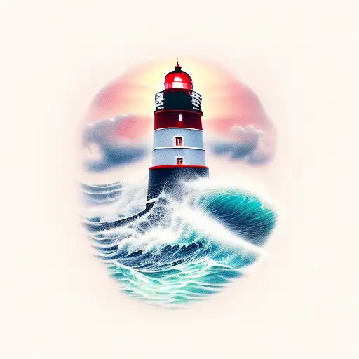 White Lighthouse Red Top With Waves In Front