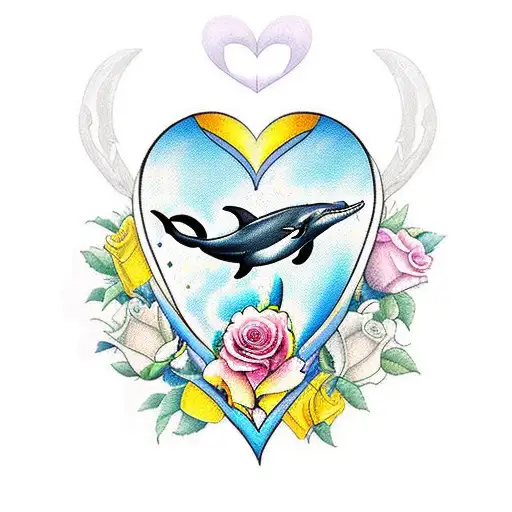 A Traditional Tattoo Design Featuring A Dolphin And Yellow Roses Intertwined In A Heart Shape