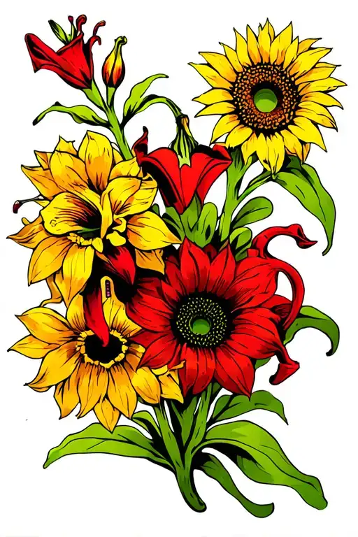 Yello Sunflower And Deep Red Gladiolus And Red Pitcher Plant Flower