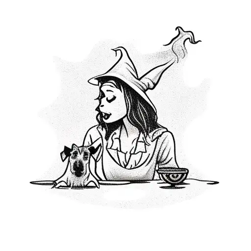 A Witch Brewing A Potion With Her Loyal Dog By Her Side