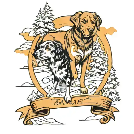A New-school Style Tattoo Of A Labrador And Australian Shepherd Playing In A Snowy Forest Setting