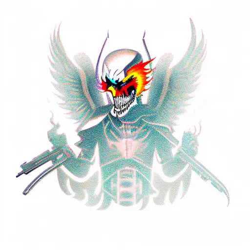 Illustrate A New-school Tattoo Featuring A Phoenix And Grim Reaper In A Futuristic Cyberpunk Setting