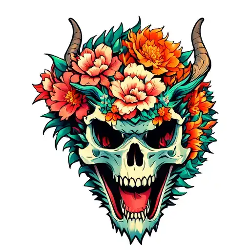 Japanese Dragon Skull Flowers Intertwined