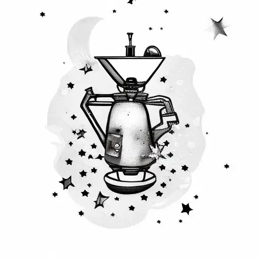 A Black And Grey Tattoo Of A Coffee Pot Pouring Stars Into A Cup With A Fantasy Book Open Beside It