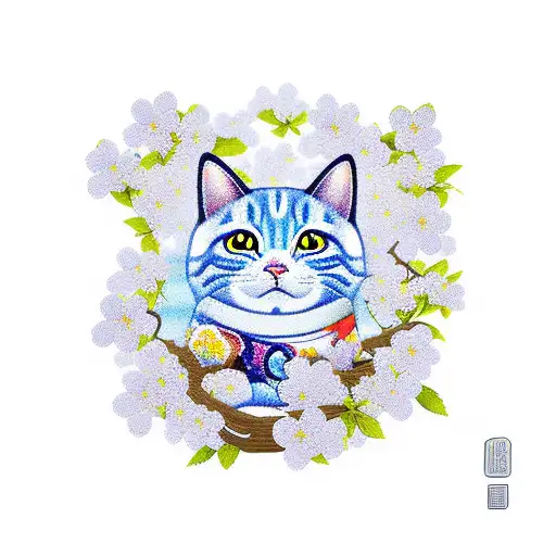 Japanese Lucky Cat Surrounded By Cherry Blossoms
