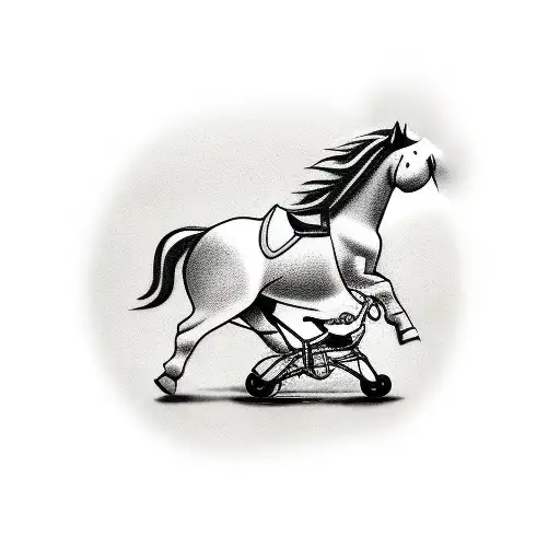 Realistic Tattoo With Cartoons Elements Of A Little Boy Riding A Horse And A Grandpa Near To Him