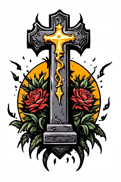 Cross With A Cementary Tattoo Black In