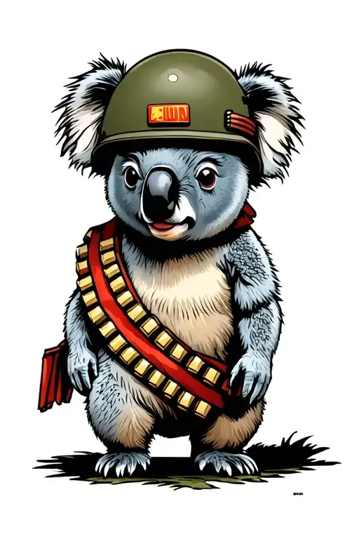 Full Body Koala Wearing A Military Helmet And Sash Of Bullets