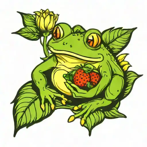 A Dress Frog Sitting On A Sunflower Eating A Strawberry