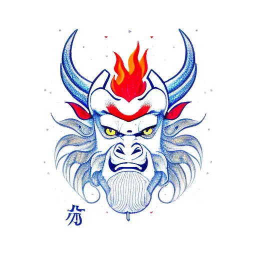 Fire Aries Zodiac With Half-faced Oni Mask