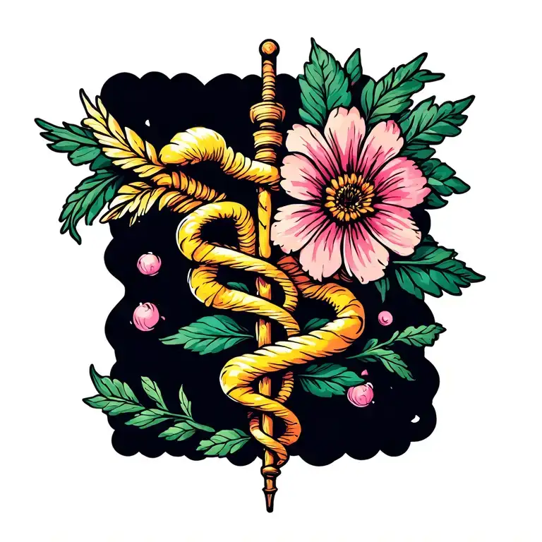Rod Of Asclepius And Flowers Blooming