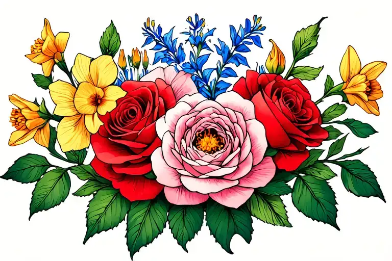Red Roses Larkspur Daffodil Peony Flowers Horizontal Line