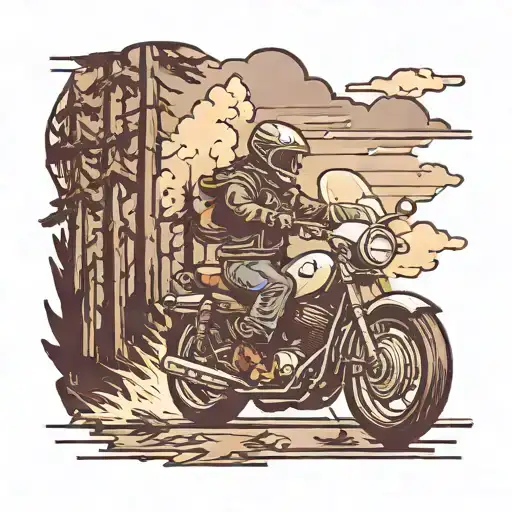 A Motorcycle Speeding Through A Forest Under A Stormy Sky