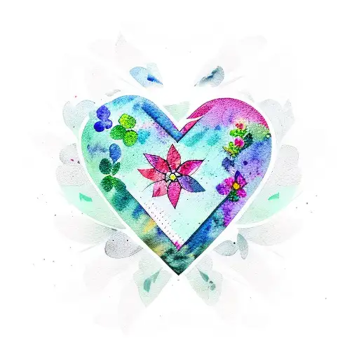 Water Color Geometric Heart And Flowers