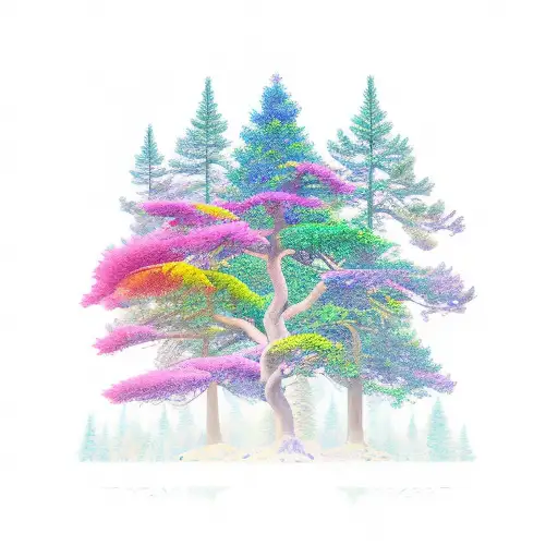 A Majestic Pine Tree Surrounded By A Symphony Of Colorful Birds