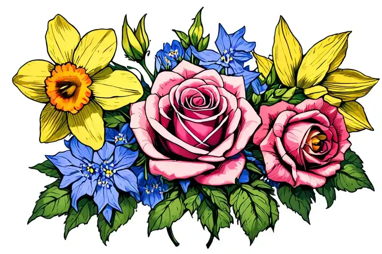 Roses Larkspur Daffodils