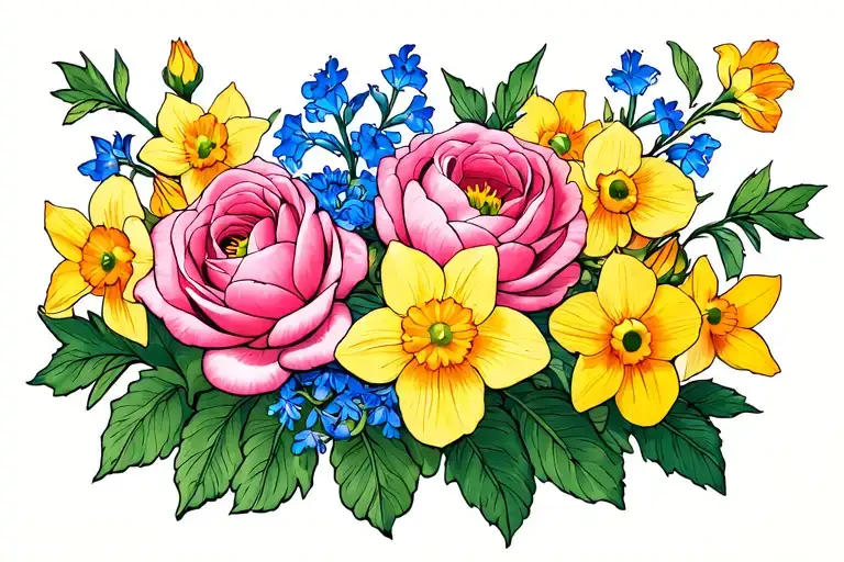 Roses Larkspur Daffodil Peony Flowers Horizontal Line