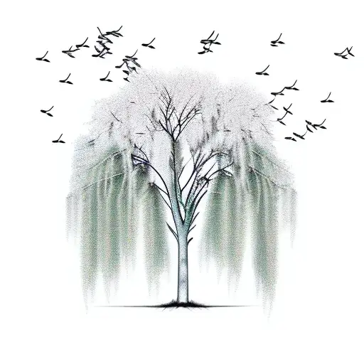 Weeping Willow Tree With Lightning Bugs And A Wolf