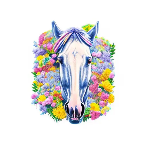 A Fierce And Majestic Horse Surrounded By A Bed Of Colorful Flowers And Skulls