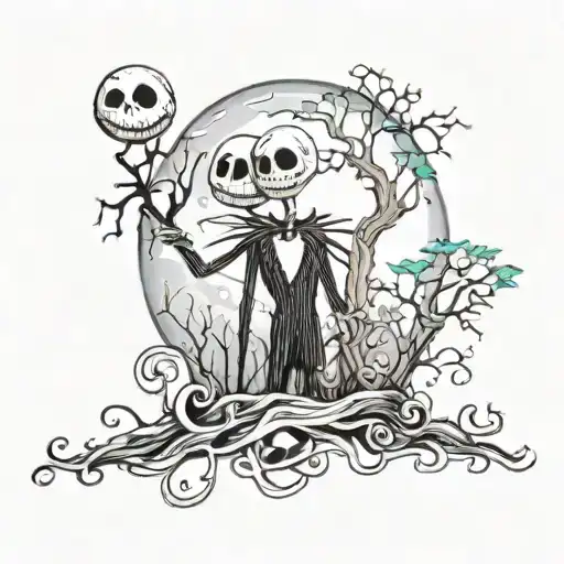 A Surreal Forest Scene With Jack Skellington And Sally From Nightmare Before Christmas