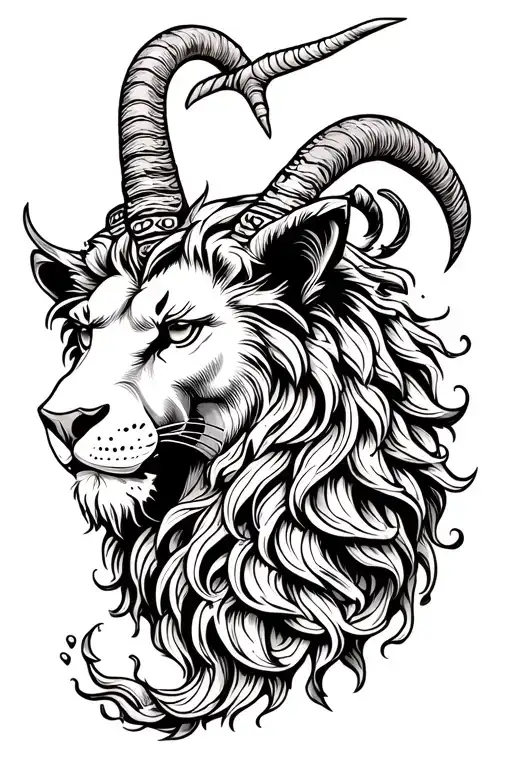 Tattoo With Capricorn Lion Scales And Water Sign Black