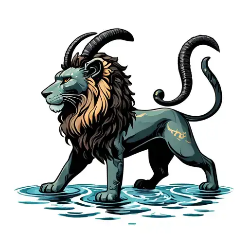 Tattoo With Capricorn Lion Scales And Water Sign Black