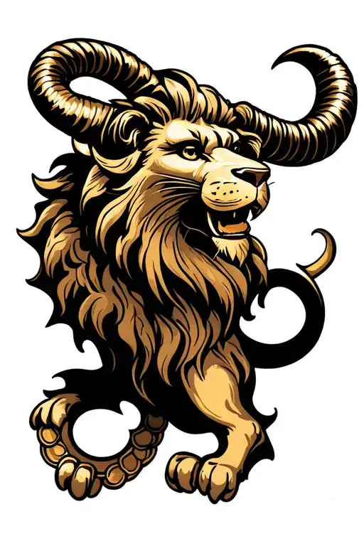 Tattoo With Capricorn Lion Scales And Water Sign Black