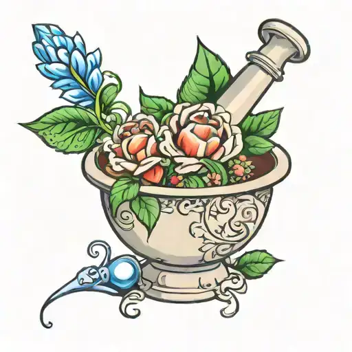 A Pharmacist's Mortar And Pestle Intertwined With Intricate Floral Designs In A New-school Style